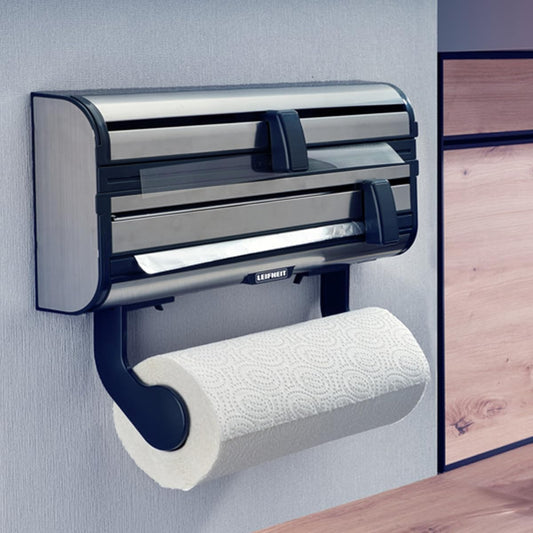Leifheit Parat Royal 2.0 Wall Holder for 3 Rolls, Kitchen Roll Holder for Smooth Cut Edges, Paper Roll Holder for Handy Films, Foil Cutter with Razor-Sharp Blades Silver 38.5 x 16.2 x 8.5 cm 25793