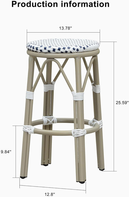 PURPLE LEAF Patio Round Counter Height Stool Set of 2 Outdoor Backless Barstools Aluminum Frame in Champagne Finish with White & Blue Woven Rattan for Indoor Kitchen Dining Bistros Cafe Restaurant