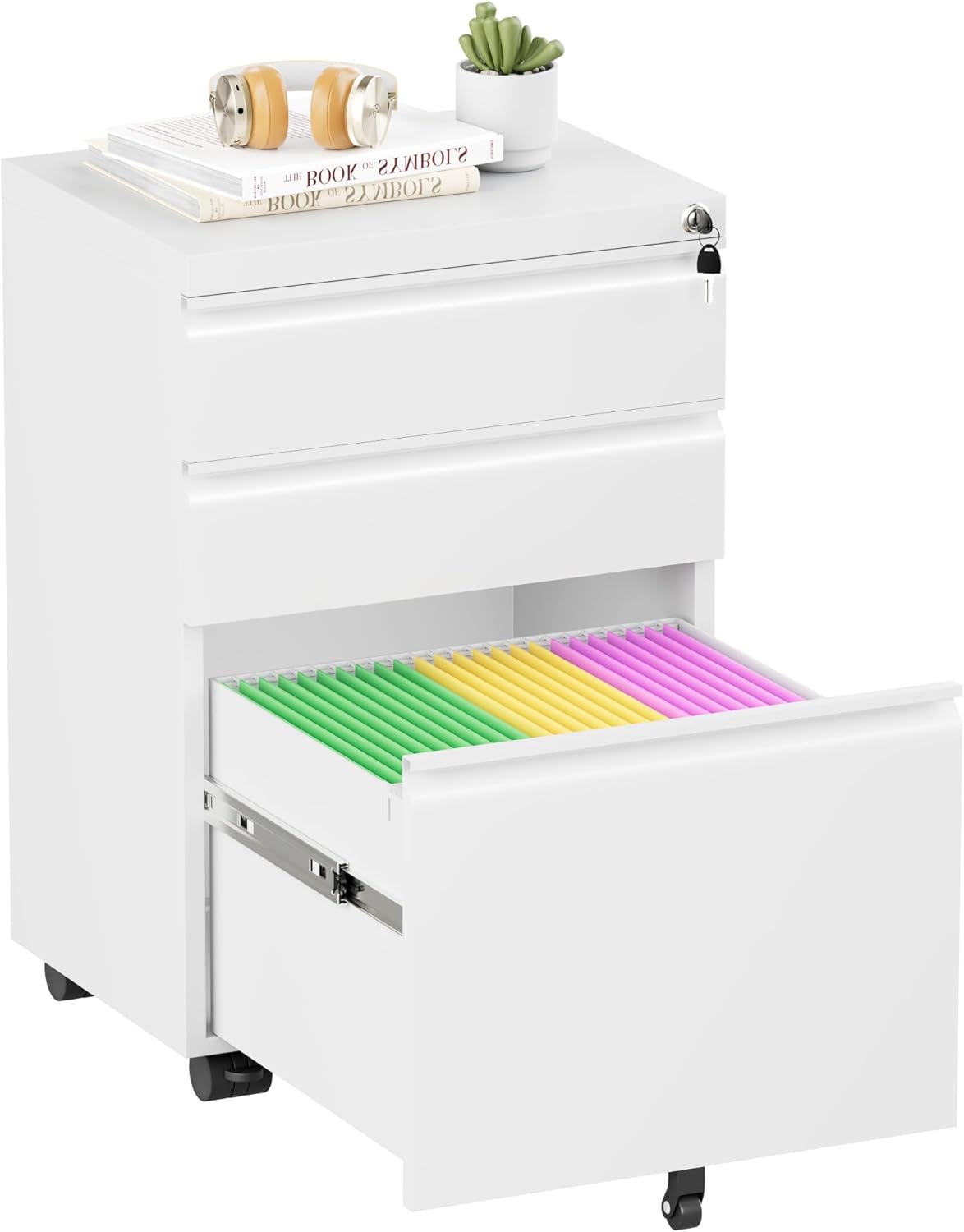 Superday Black File Cabinet 3 Drawer, Fully Assemble Metal Rolling Vertical Filing Cabinet with Wheels, Small Under Desk File Cabinets for Home Office