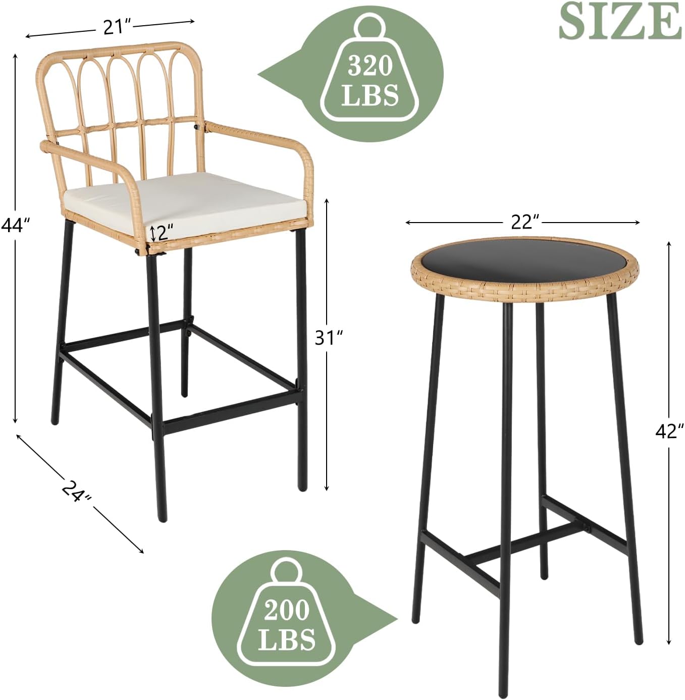 LYNSLIM Outdoor Bar,3 Piece Height Table Patio Rattan Wicker Furniture Chairs Set,22" Patio Bar Table and Outdoor Bar Stool Set of 2,with Removable Cushions for Backyards, Porches (Set for 3)