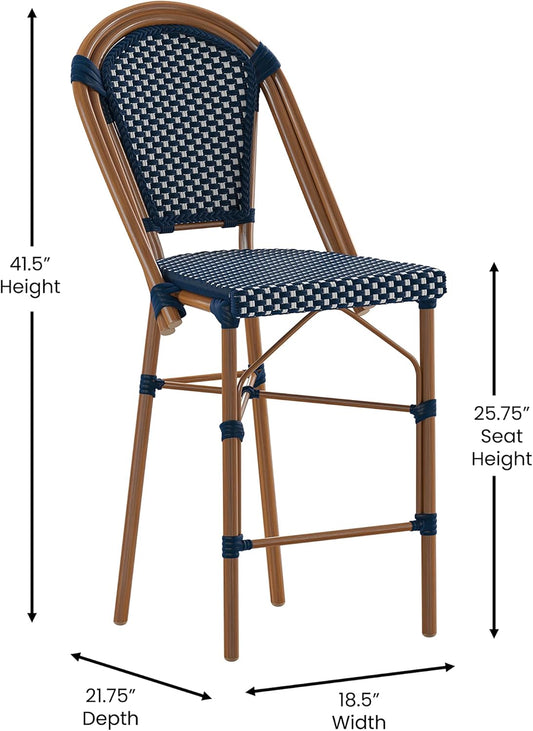 EMMA + OLIVER Soie Bistro Counter Stool - Stacking Indoor/Outdoor PE Rattan Counter Stool with Bamboo Finish Frame - 26" High - Set of Two - Navy/White
