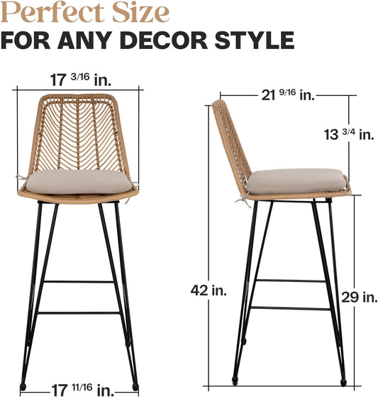 IDZO Outdoor Rattan Bar Stools Set of 2, 42-Inch Tall with 400lbs Weight Endurance, Featuring a Steel Frame and Comfort Cushions, Ideal Outdoor Bar Stools and Kitchen Island