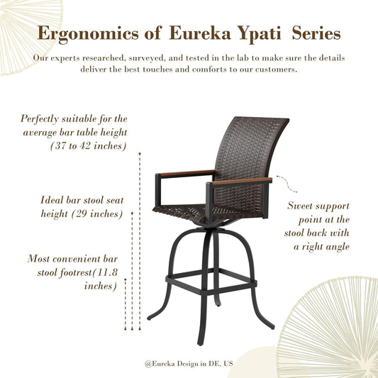 Ypati Rattan 29‘’ Height Swivel Patio Bar Stools Set of 2, Outdoor, Aluminum Frame with All-Weather Coating, Wooden-Finishing Armrests & Thick Cushions, for Porch, Balcony, Garden, Black, Eureka