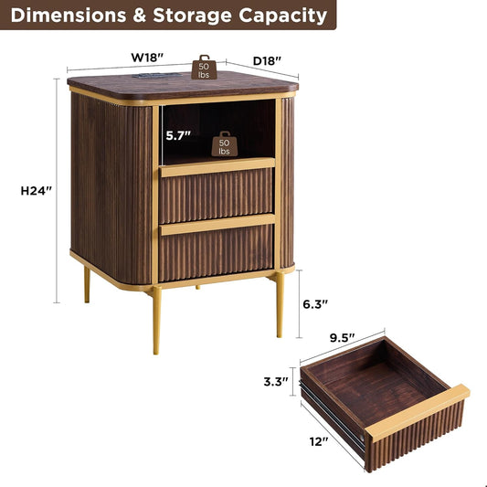 OKD Modern Chic Fluted Nightstand Luxury with Charging Station, End Table/Bed Side Table w/2 Drawers, Faux Marble Tabletop, Gold Metal Decor, Curved Edge Design, Dark Walnut