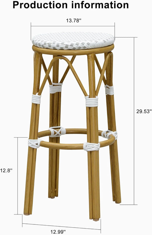 PURPLE LEAF Outdoor Round Bar Height Stool Set of 2 Patio Backless Barstools Aluminum Frame in Bamboo Finish with White & Gray Woven Rattan for Indoor Kitchen Dining Bistros Cafe Restaurant