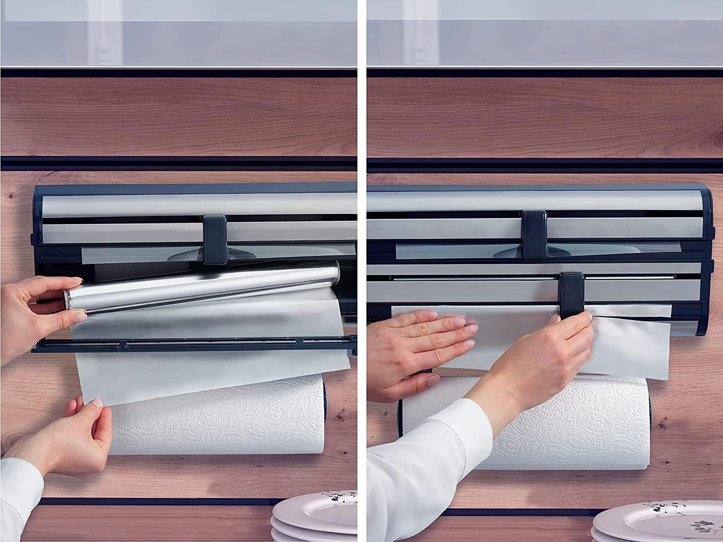 Leifheit Parat Royal 2.0 Wall Holder for 3 Rolls, Kitchen Roll Holder for Smooth Cut Edges, Paper Roll Holder for Handy Films, Foil Cutter with Razor-Sharp Blades Silver 38.5 x 16.2 x 8.5 cm 25793