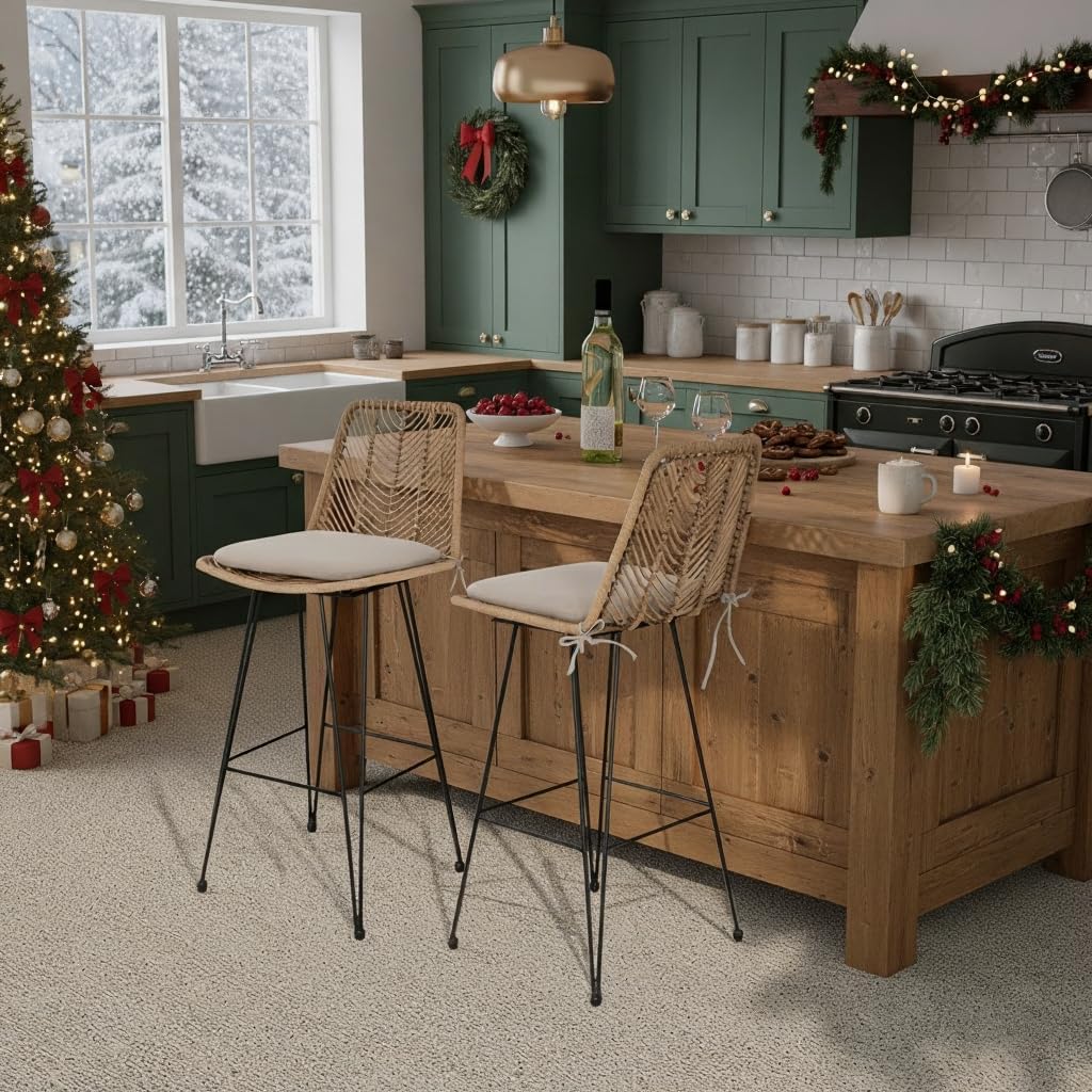 IDZO Outdoor Rattan Bar Stools Set of 2, 42-Inch Tall with 400lbs Weight Endurance, Featuring a Steel Frame and Comfort Cushions, Ideal Outdoor Bar Stools and Kitchen Island