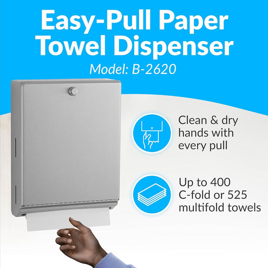 Bobrick B-2620 Surface Mounted Paper Towel Dispenser - Stainless Steel Commercial Bathroom Towel Dispenser with Knob-Latch 400 C-Fold or 525 Multifold Capacity