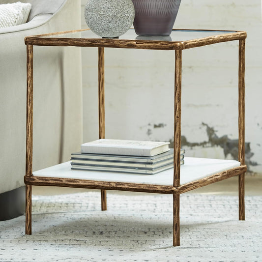 Signature Design by Ashley Ryandale | Contemporary Accent Table – Glass Top, Aluminum Frame & Marble Shelf, Antique Brass Finish