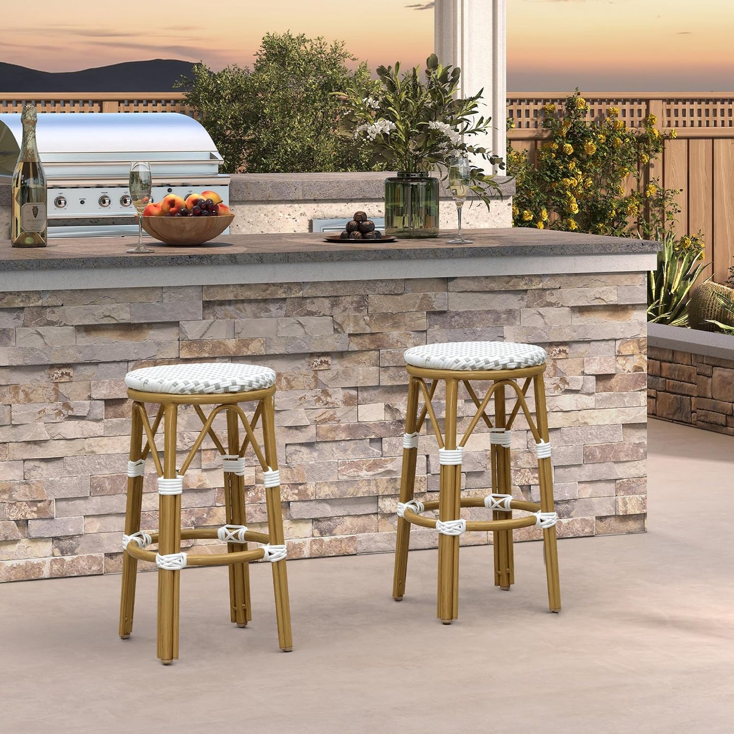 PURPLE LEAF Patio Round Counter Height Stool Set of 2 Outdoor Backless Barstools Aluminum Frame in Champagne Finish with White & Blue Woven Rattan for Indoor Kitchen Dining Bistros Cafe Restaurant