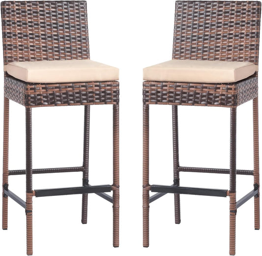 VINGLI Outdoor Wicker Bar Stool Set of 2, Patio Bar Stools w/Cushion, Bar Height Patio Chairs Outdoor Rattan Barstools for Garden Pool Lawn Backyard, Brown