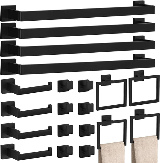 20-Piece Matte Black Bathroom Accessories Set – 23.6" Towel Bar, Towel Ring, Toilet Paper Holder & Hooks, Wall Mounted Bathroom Hardware, Rust & Corrosion-Resistant, Ideal for Modern Bathrooms
