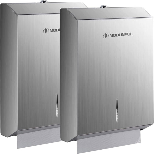 2 Paper Towel Dispenser Wall-Mount - Brushed Stainless Steel Commercial Paper Towel Holder with Lock, Large Capacity 400 Multifold/420 C/Z Fold Towels