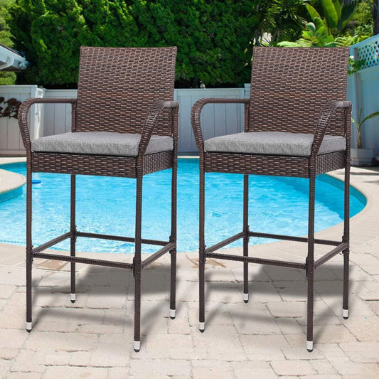 VINGLI Outdoor Wicker Bar Stools Set of 2 with Cushions, Tall Patio Chairs for Garden, Pool, Lawn, Backyard