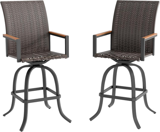 Ypati Rattan 29‘’ Height Swivel Patio Bar Stools Set of 2, Outdoor, Aluminum Frame with All-Weather Coating, Wooden-Finishing Armrests & Thick Cushions, for Porch, Balcony, Garden, Black, Eureka