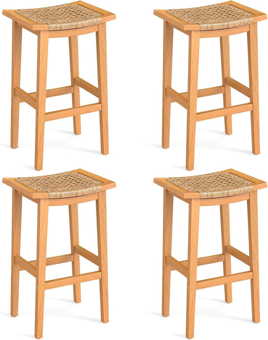 Giantex Outdoor Wooden Bar Stools Set of 4, 29" Backless Patio Barstools with PE Rattan Saddle Seat & Footrest, Solid Acacia Wood Bar Height Stools for Porch, Garden, Backyard, Poolside, Armless
