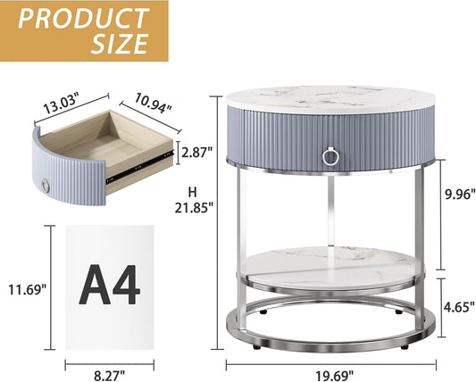 OIOG Modern End Table with Drawer, 2 Tier Side Table with Shelf, Round Nightstand with Sintered Stone Tabletop and Chrome Legs for Living Room, Bedroom, Home Office, Dorm, Silver