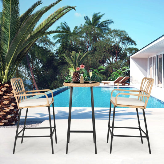 LYNSLIM Outdoor Bar,3 Piece Height Table Patio Rattan Wicker Furniture Chairs Set,22" Patio Bar Table and Outdoor Bar Stool Set of 2,with Removable Cushions for Backyards, Porches (Set for 3)
