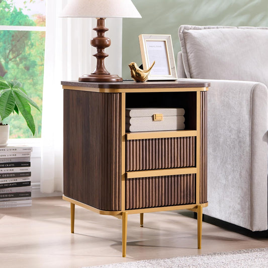 OKD Modern Chic Fluted Nightstand Luxury with Charging Station, End Table/Bed Side Table w/2 Drawers, Faux Marble Tabletop, Gold Metal Decor, Curved Edge Design, Dark Walnut