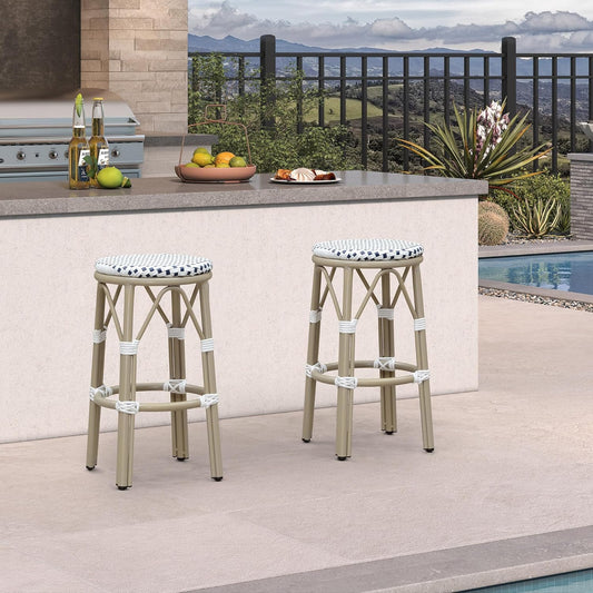 PURPLE LEAF Patio Round Counter Height Stool Set of 2 Outdoor Backless Barstools Aluminum Frame in Champagne Finish with White & Blue Woven Rattan for Indoor Kitchen Dining Bistros Cafe Restaurant