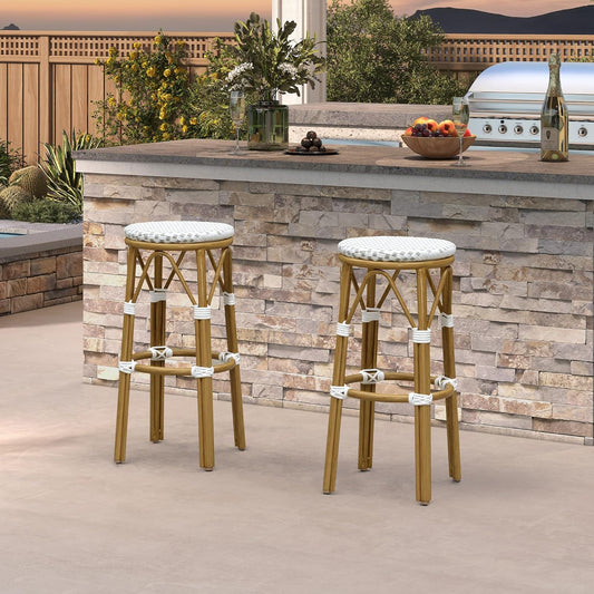 PURPLE LEAF Outdoor Round Bar Height Stool Set of 2 Patio Backless Barstools Aluminum Frame in Bamboo Finish with White & Gray Woven Rattan for Indoor Kitchen Dining Bistros Cafe Restaurant